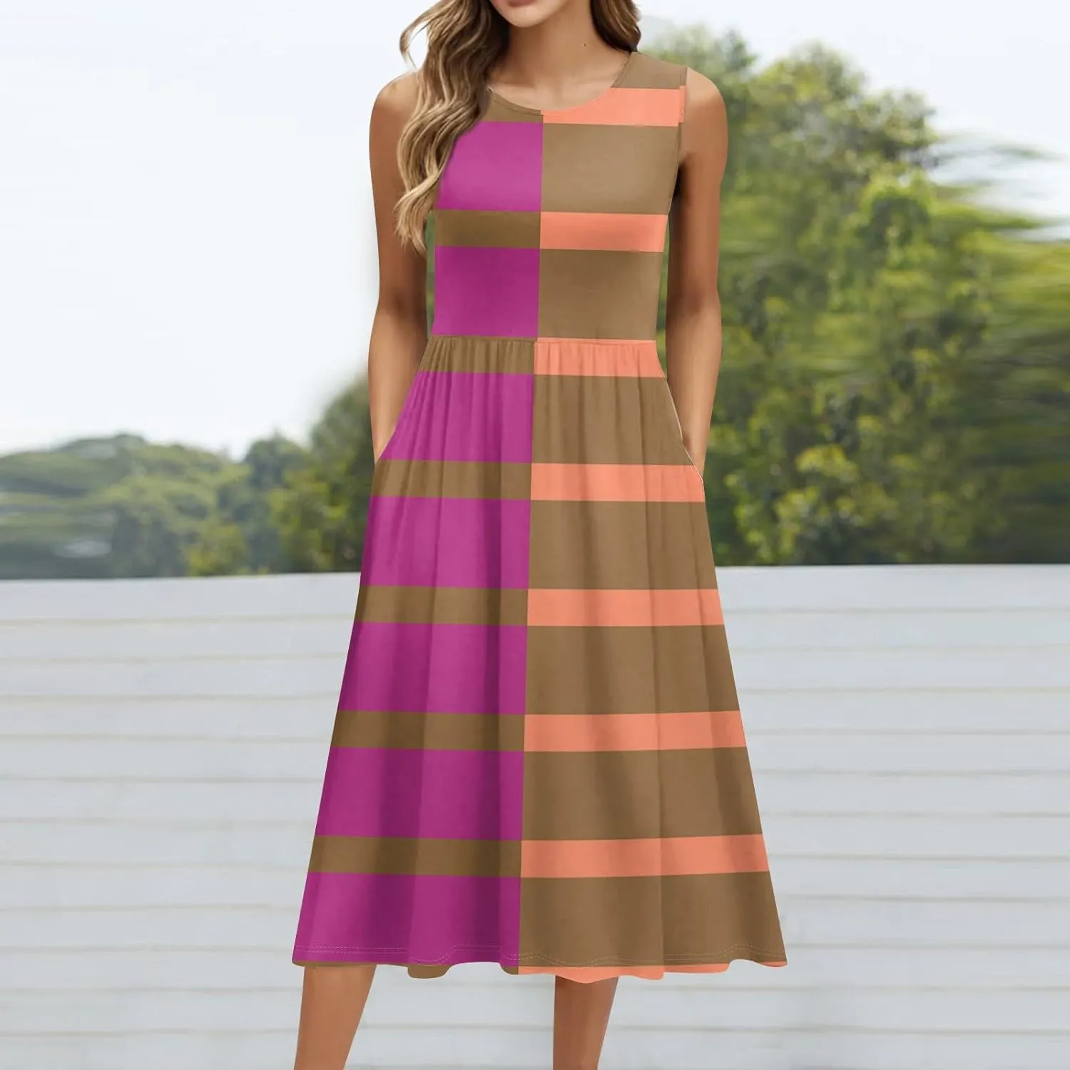 Women's Sleeveless Floral Print Midi Dress with Pockets Elegant Casual Summer Dress for Parties and Daily Wear
