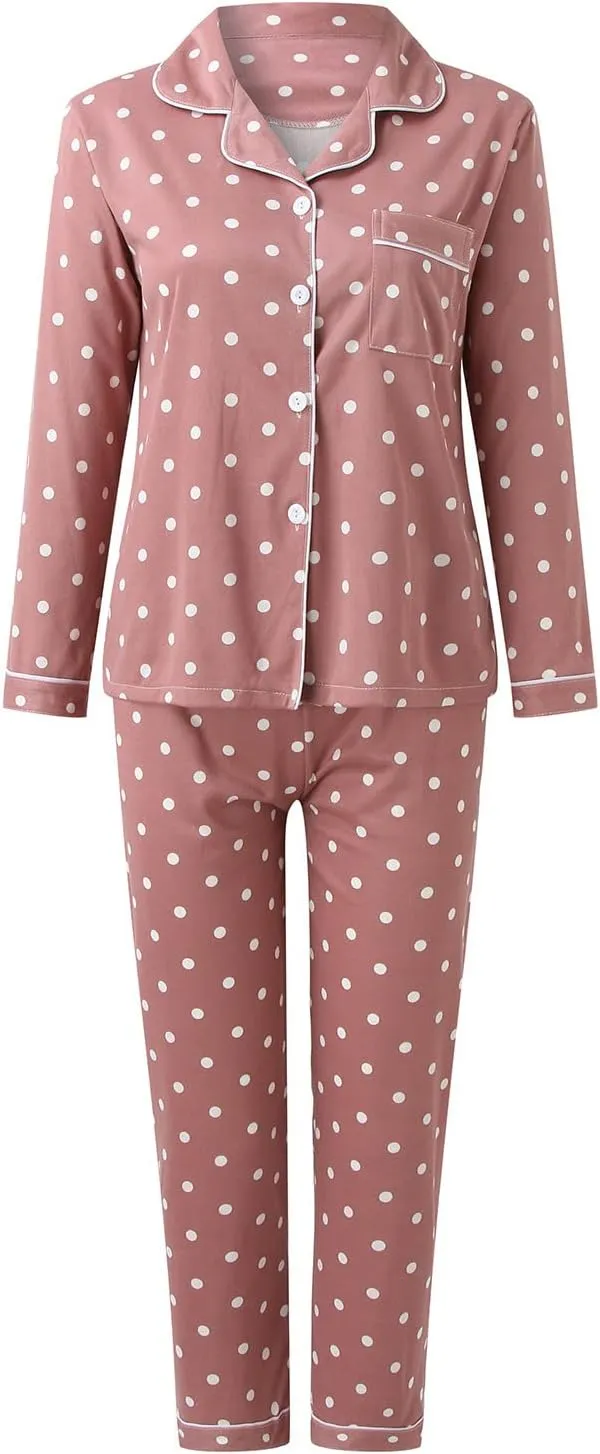 Womens Soft Sexy Pajama Sets,2c ounge Set Polka Dot Print Buttons Long Sleeve Loungewear Set Sleepwear with Pockets
