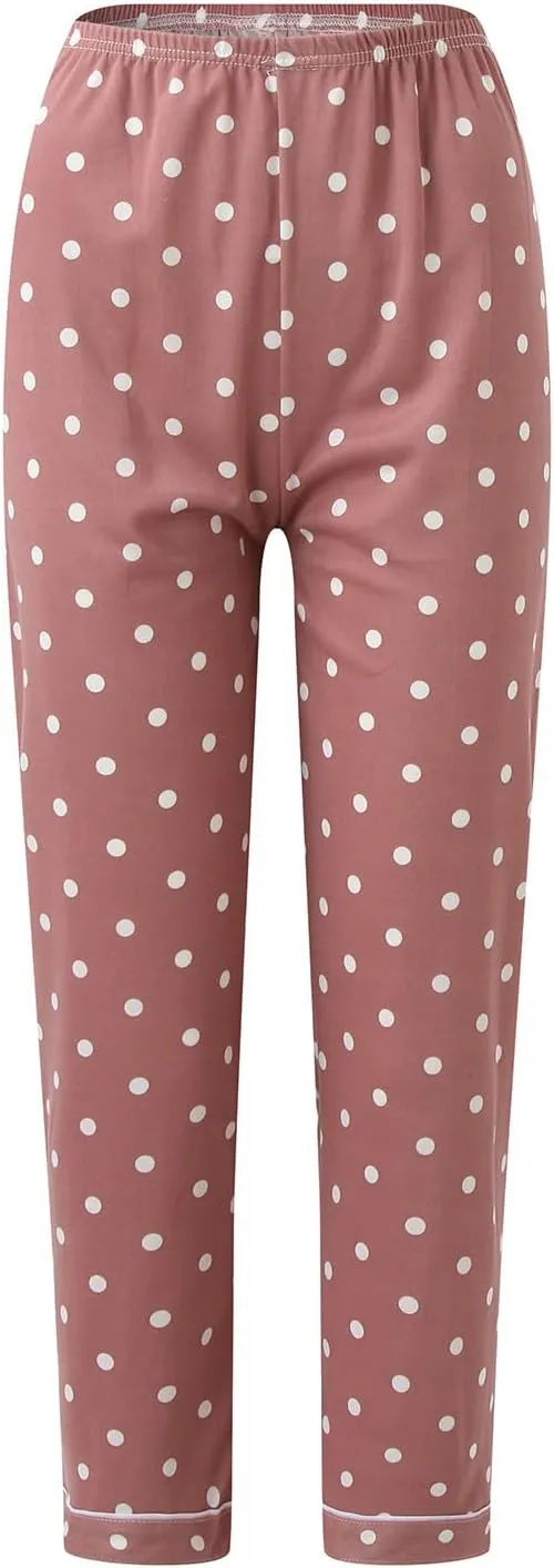 Womens Soft Sexy Pajama Sets,2c ounge Set Polka Dot Print Buttons Long Sleeve Loungewear Set Sleepwear with Pockets