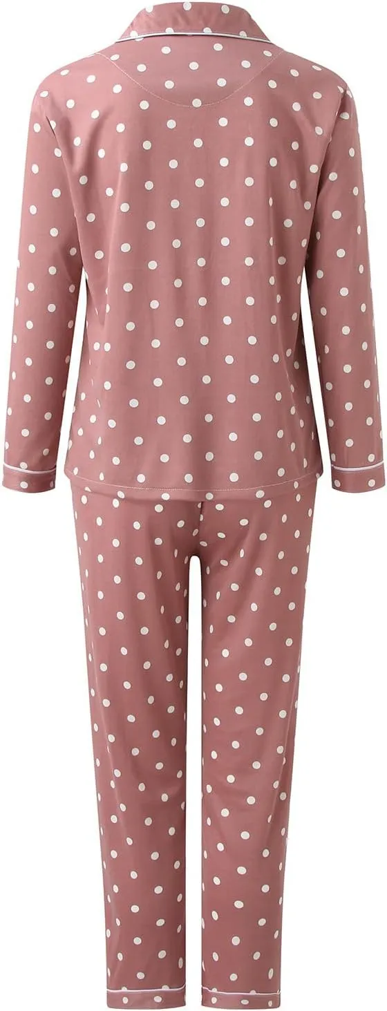 Womens Soft Sexy Pajama Sets,2c ounge Set Polka Dot Print Buttons Long Sleeve Loungewear Set Sleepwear with Pockets