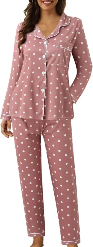 Womens Soft Sexy Pajama Sets,2c ounge Set Polka Dot Print Buttons Long Sleeve Loungewear Set Sleepwear with Pockets