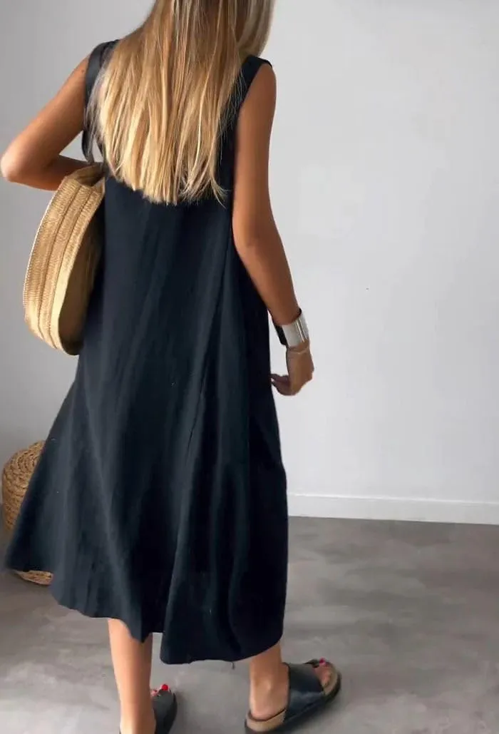 Women's Summer Boho Sleeveless Linen Tunic Dress Loose Fit A-Line Midi Long Beach Sun Dress