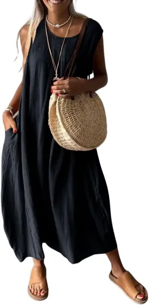Women's Summer Boho Sleeveless Linen Tunic Dress Loose Fit A-Line Midi Long Beach Sun Dress