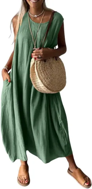 Women's Summer Boho Sleeveless Linen Tunic Dress Loose Fit A-Line Midi Long Beach Sun Dress