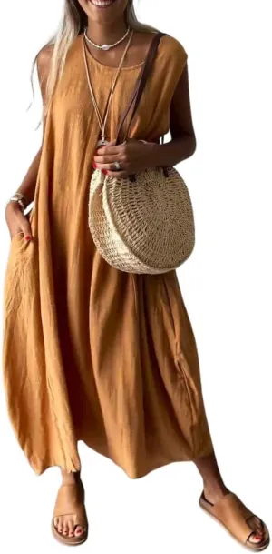 Women's Summer Boho Sleeveless Linen Tunic Dress Loose Fit A-Line Midi Long Beach Sun Dress