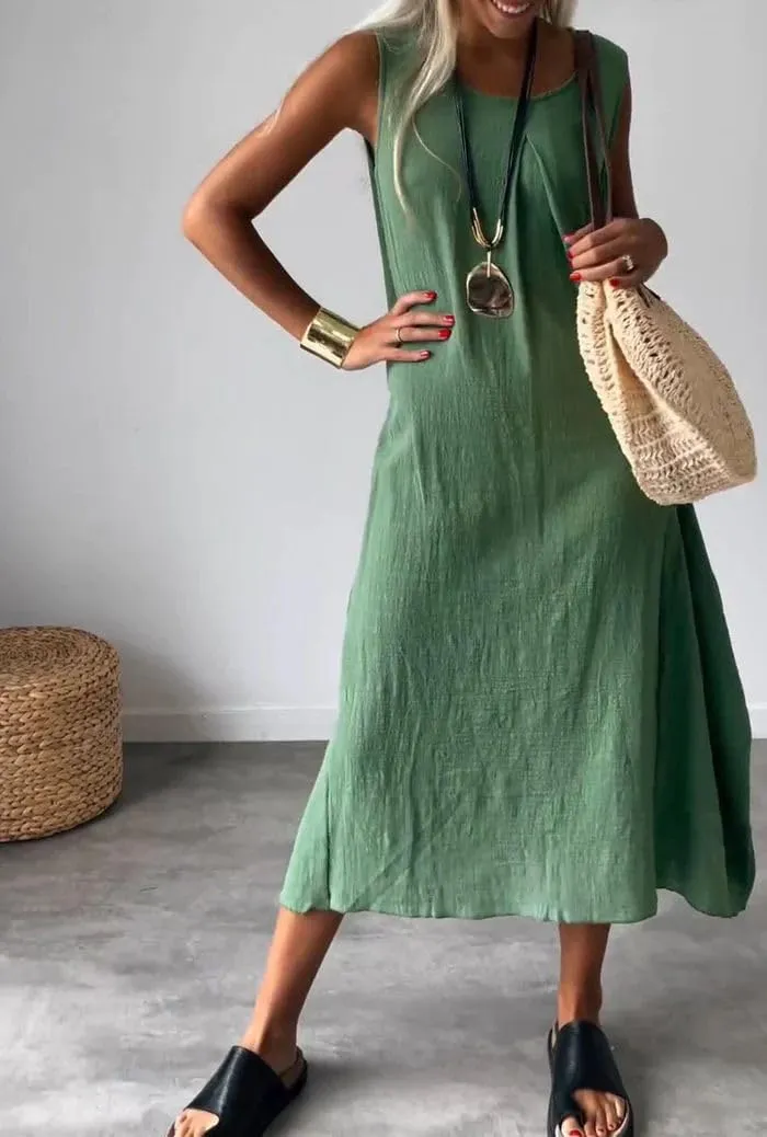 Women's Summer Boho Sleeveless Linen Tunic Dress Loose Fit A-Line Midi Long Beach Sun Dress
