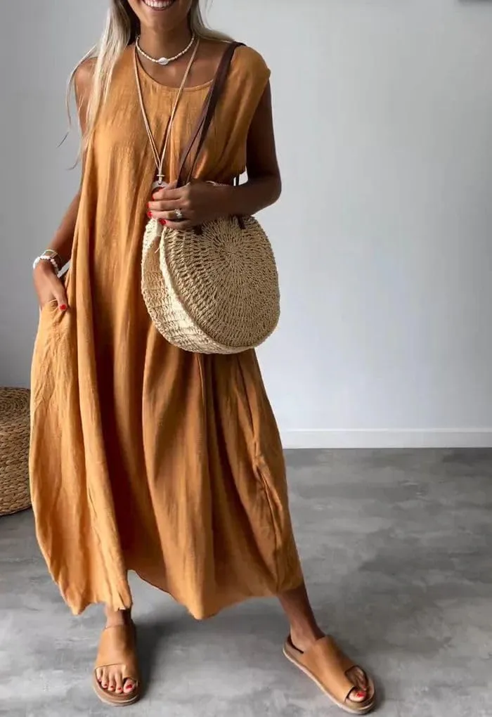 Women's Summer Boho Sleeveless Linen Tunic Dress Loose Fit A-Line Midi Long Beach Sun Dress