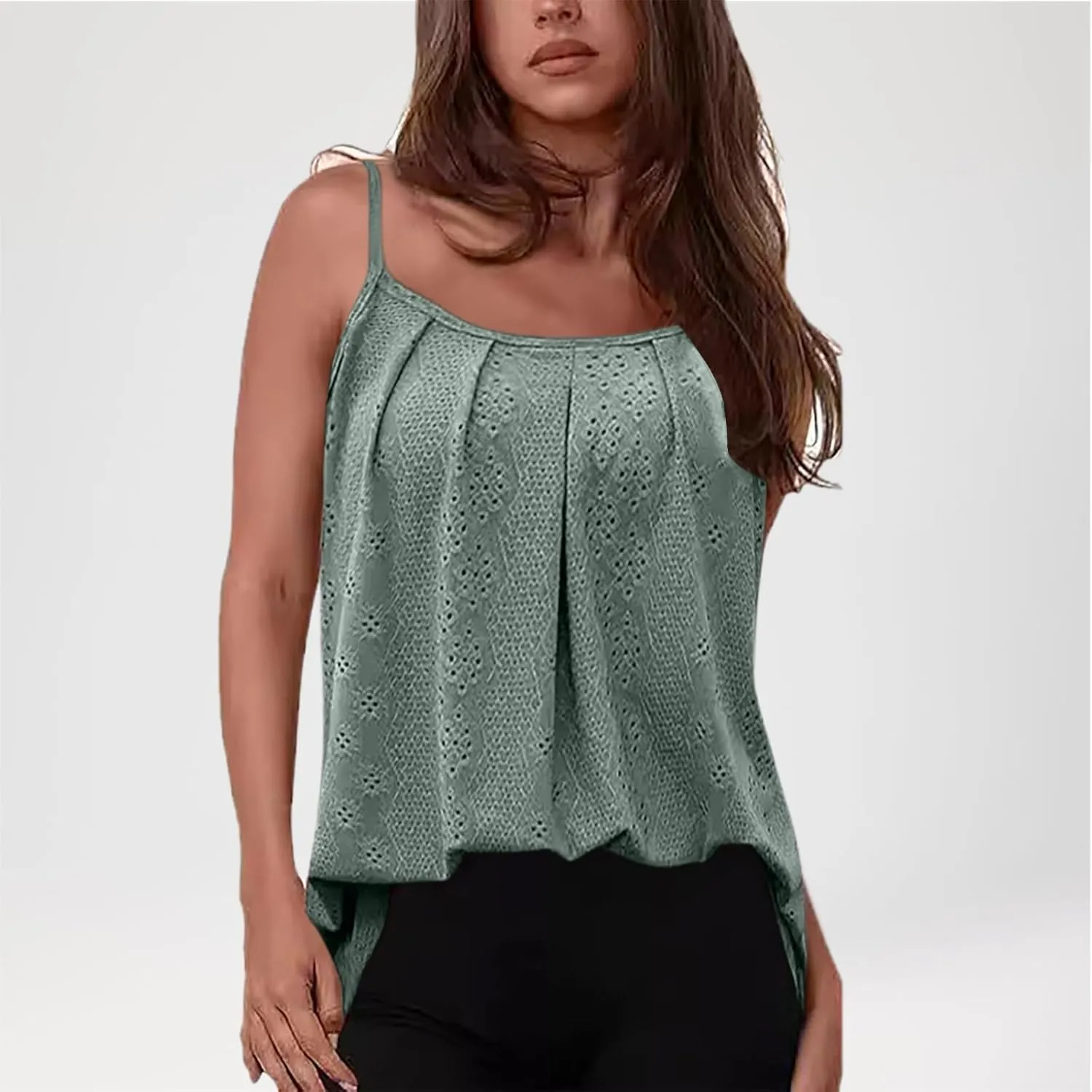 Women's Summer Casual Camisole Tops, Pleated Loose Eyelet Embroidery Trendy Clothes Sleeveless Spaghetti Strap Shirts
