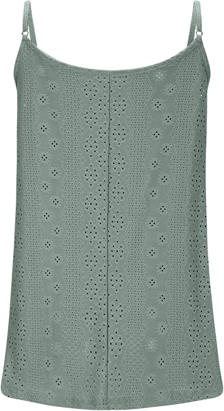 Women's Summer Casual Camisole Tops, Pleated Loose Eyelet Embroidery Trendy Clothes Sleeveless Spaghetti Strap Shirts