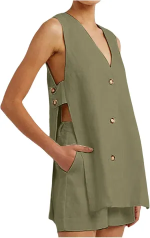 Womens Summer Cotton Linen Two Piece Outfits V Neck Sleeveless Button Down Tank Top and Shorts Casual Set with Pockets