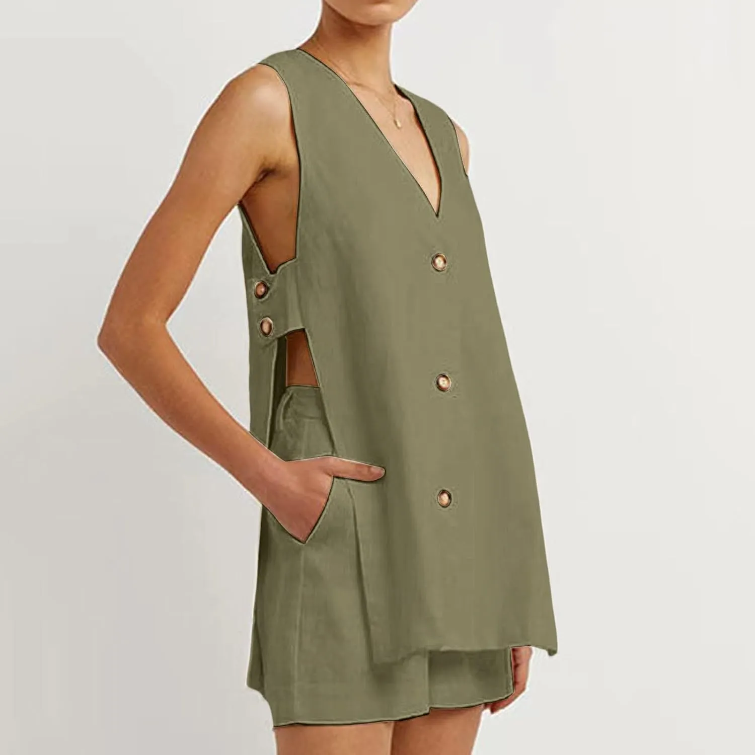 Womens Summer Cotton Linen Two Piece Outfits V Neck Sleeveless Button Down Tank Top and Shorts Casual Set with Pockets