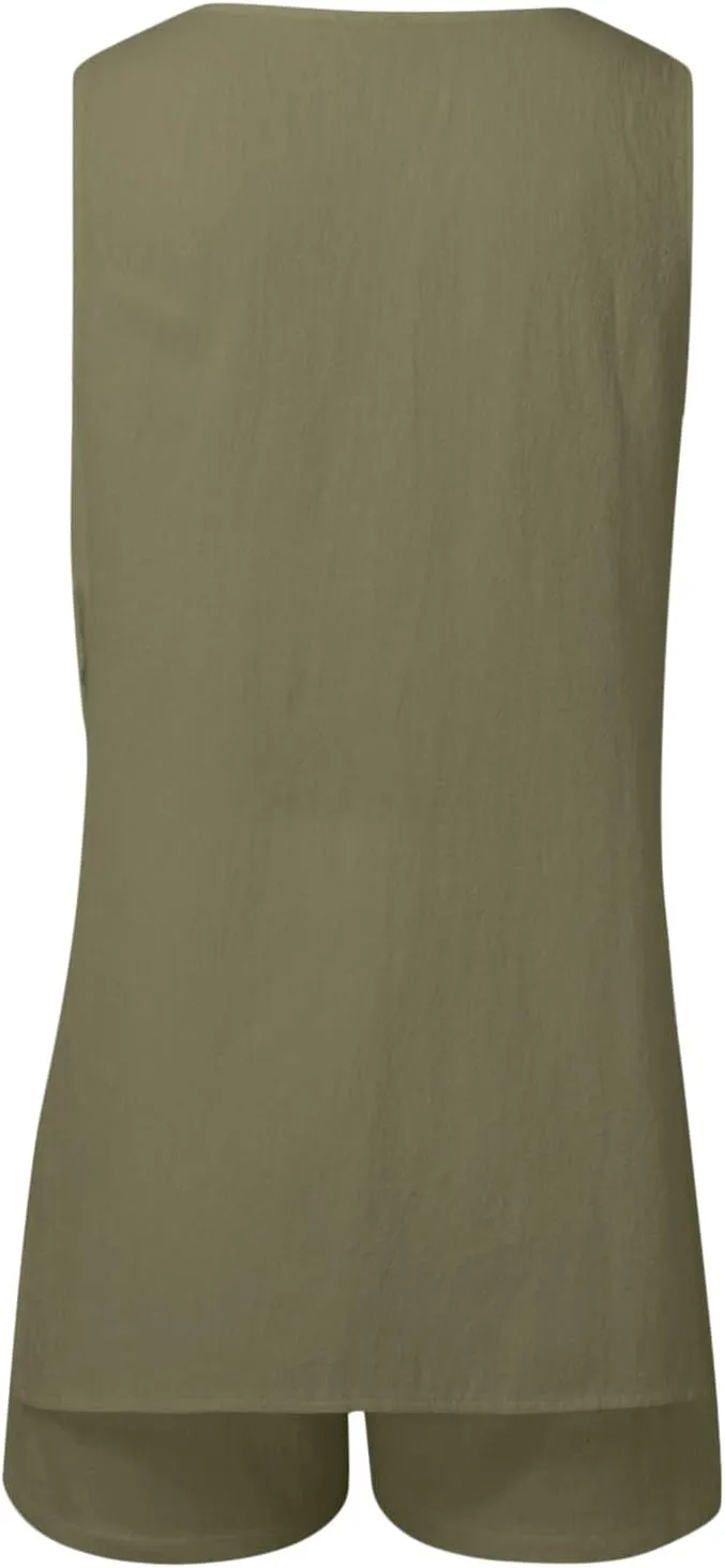 Womens Summer Cotton Linen Two Piece Outfits V Neck Sleeveless Button Down Tank Top and Shorts Casual Set with Pockets