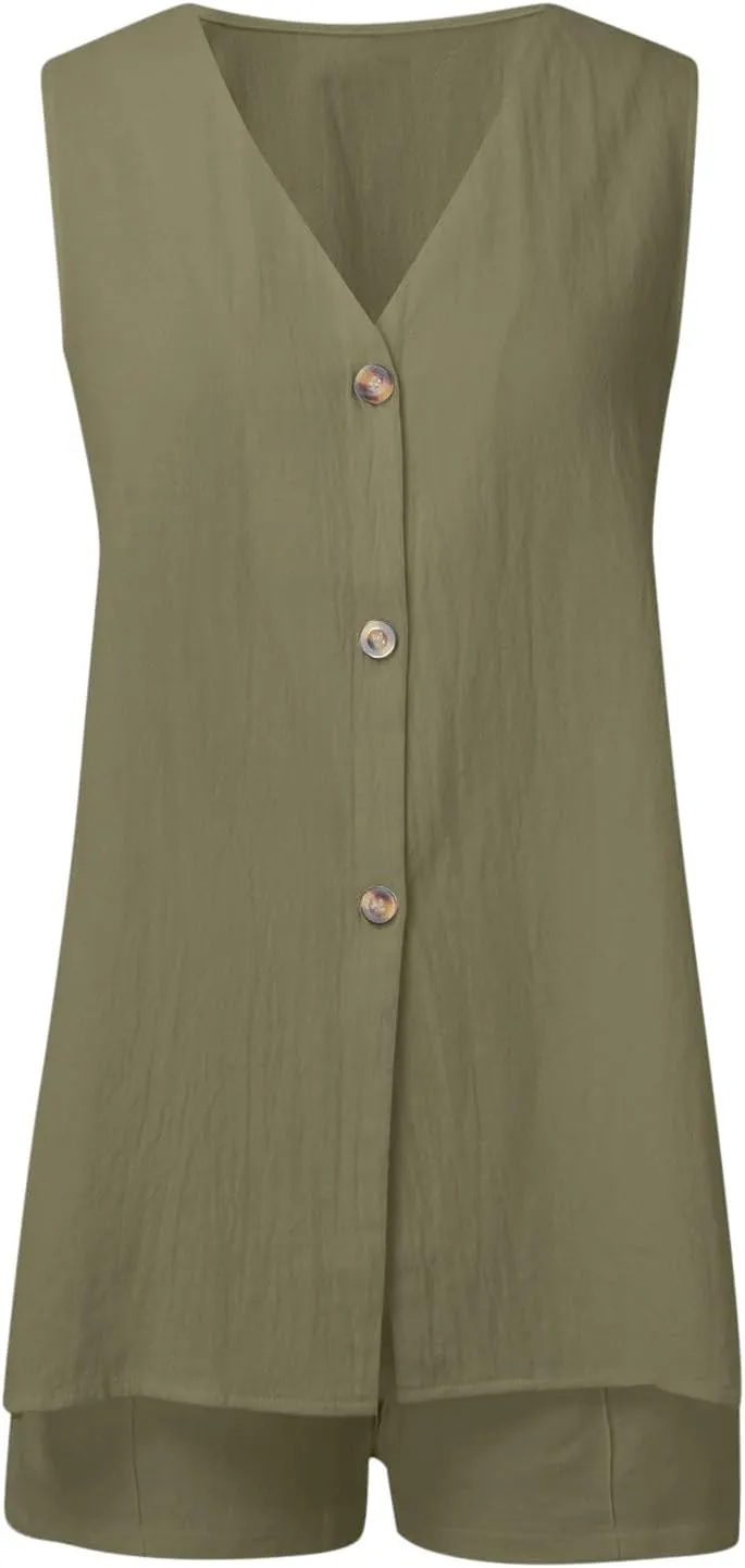 Womens Summer Cotton Linen Two Piece Outfits V Neck Sleeveless Button Down Tank Top and Shorts Casual Set with Pockets