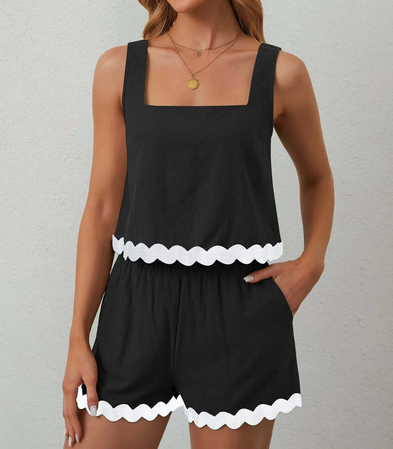 Womens Summer Outfits Two Piece Sets 2024 Vacation Beach Cruise Linen Square Neck Cropped Tank Top High Waist Shorts Sets