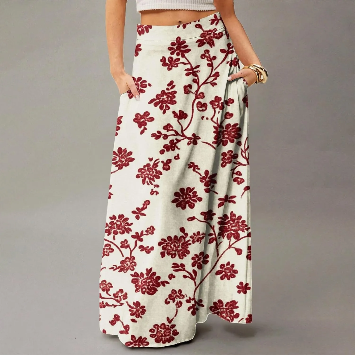 Women's Summer Skirt Trendy 2025 Floral A-Line Elastic High Waisted Skirts with Pockets Cute Elegant Boho Skirt