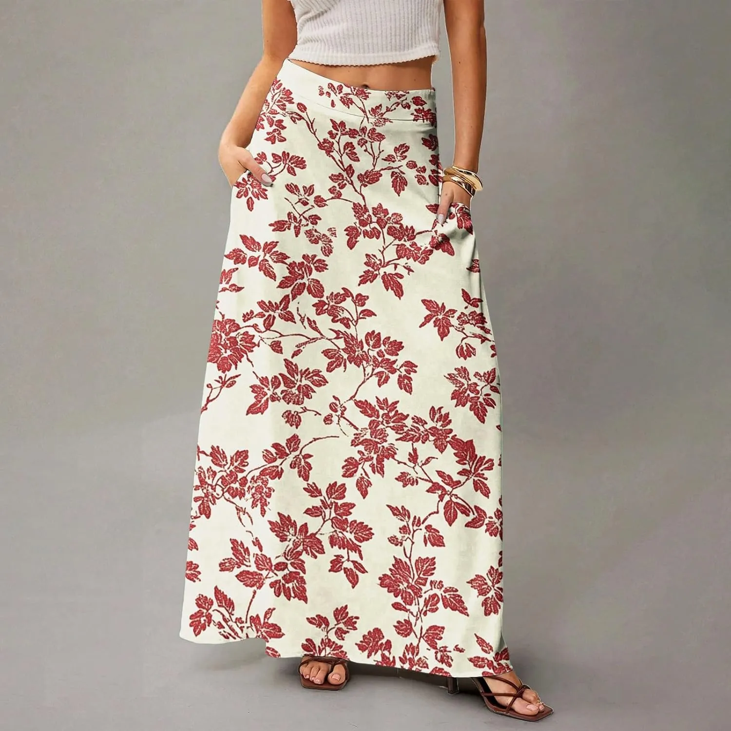 Women's Summer Skirt Trendy 2025 Floral A-Line Elastic High Waisted Skirts with Pockets Cute Elegant Boho Skirt