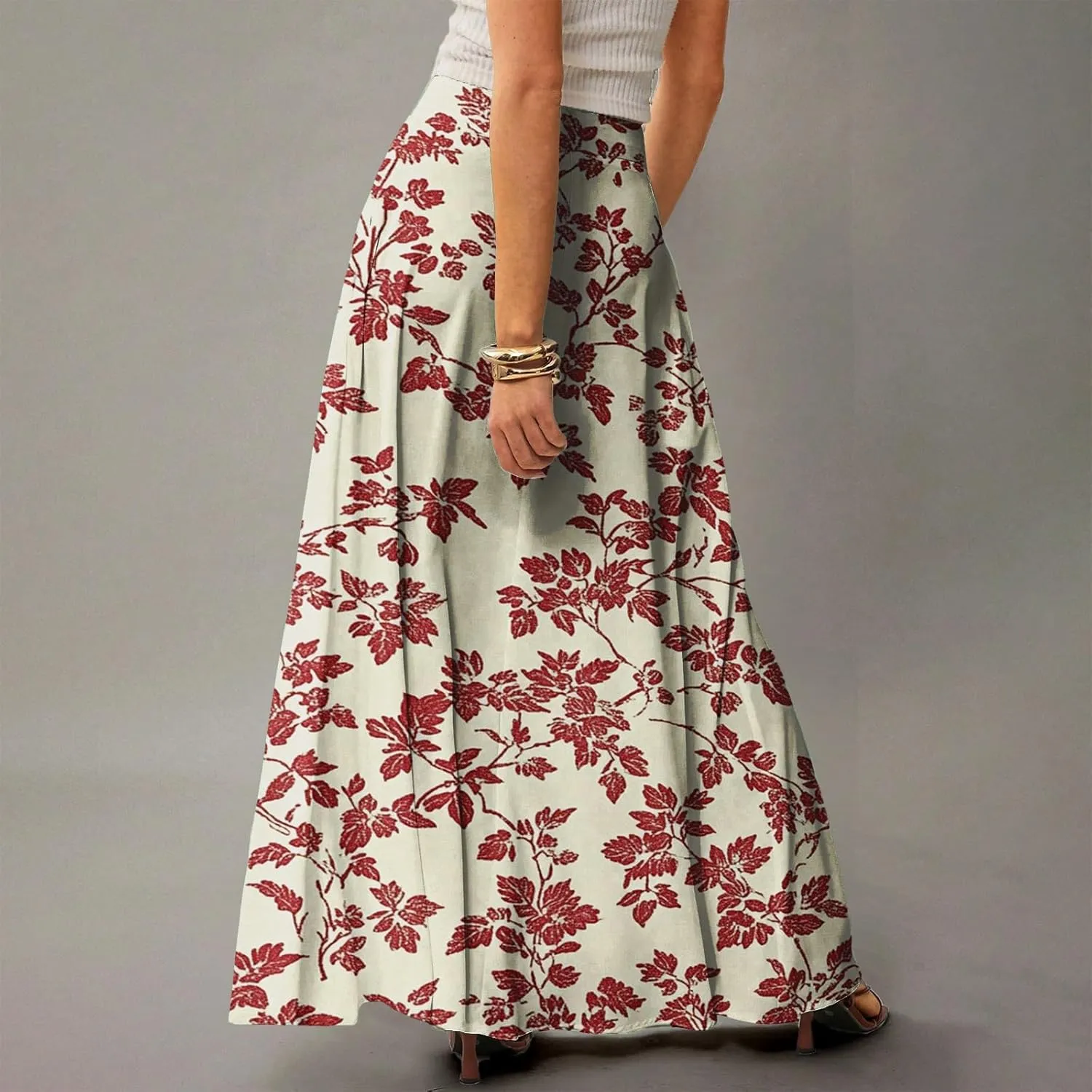 Women's Summer Skirt Trendy 2025 Floral A-Line Elastic High Waisted Skirts with Pockets Cute Elegant Boho Skirt