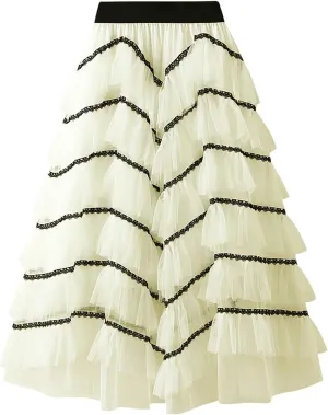 Women's Tiered Layered Tulle Dance Long Maxi Skirt Elastic Waist Tutu Puffy Ruffle Cake A Line Maxi Skirt