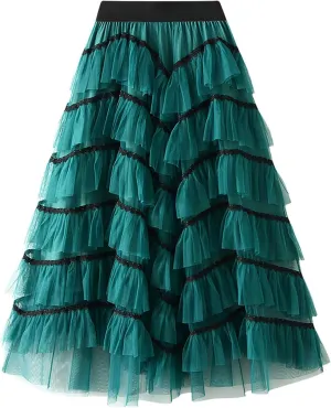 Women's Tiered Layered Tulle Dance Long Maxi Skirt Elastic Waist Tutu Puffy Ruffle Cake A Line Maxi Skirt
