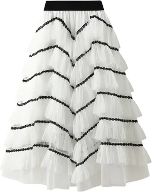 Women's Tiered Layered Tulle Dance Long Maxi Skirt Elastic Waist Tutu Puffy Ruffle Cake A Line Maxi Skirt