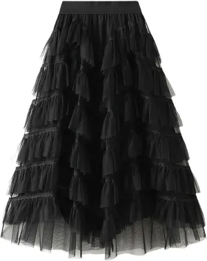 Women's Tiered Layered Tulle Dance Long Maxi Skirt Elastic Waist Tutu Puffy Ruffle Cake A Line Maxi Skirt