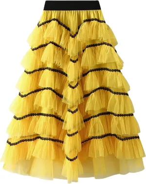 Women's Tiered Layered Tulle Dance Long Maxi Skirt Elastic Waist Tutu Puffy Ruffle Cake A Line Maxi Skirt