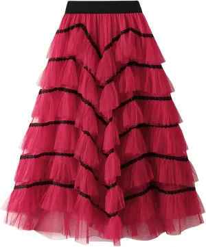 Women's Tiered Layered Tulle Dance Long Maxi Skirt Elastic Waist Tutu Puffy Ruffle Cake A Line Maxi Skirt