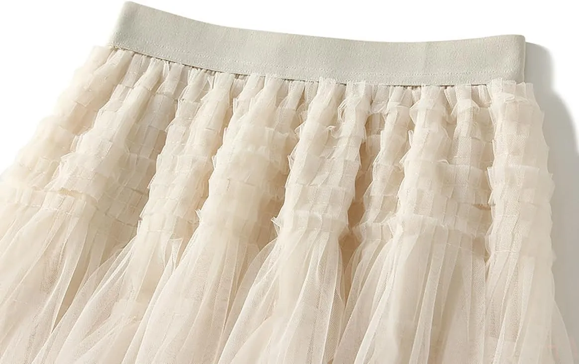 Women's Tulle Layered Mesh Maxi Skirt High Waist Irregular Ruffle Tiered Puffy Tutu Long Flowy Skirts