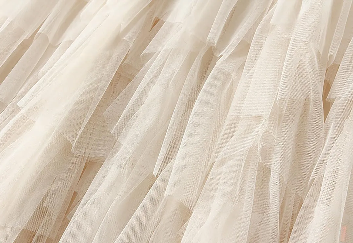 Women's Tulle Layered Mesh Maxi Skirt High Waist Irregular Ruffle Tiered Puffy Tutu Long Flowy Skirts