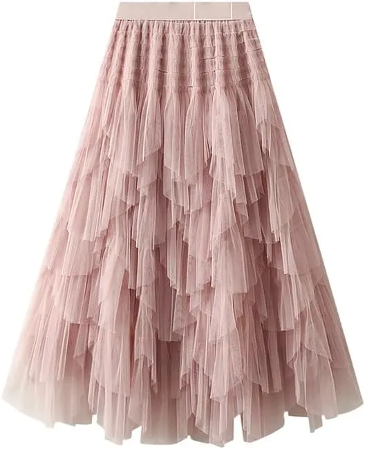 Women's Tulle Layered Mesh Maxi Skirt High Waist Irregular Ruffle Tiered Puffy Tutu Long Flowy Skirts
