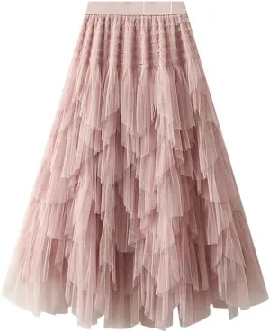 Women's Tulle Layered Mesh Maxi Skirt High Waist Irregular Ruffle Tiered Puffy Tutu Long Flowy Skirts