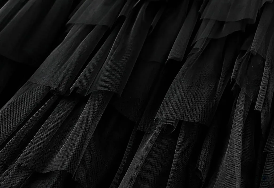 Women's Tulle Layered Mesh Maxi Skirt High Waist Irregular Ruffle Tiered Puffy Tutu Long Flowy Skirts