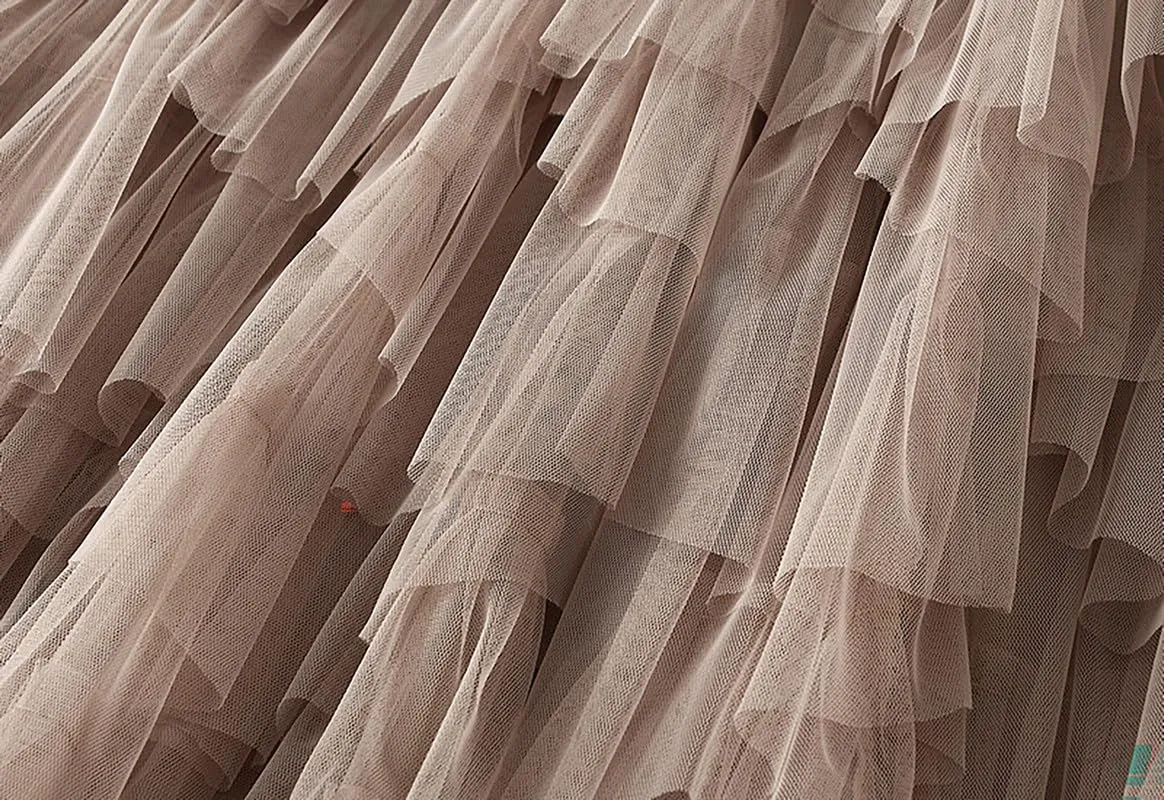 Women's Tulle Layered Mesh Maxi Skirt High Waist Irregular Ruffle Tiered Puffy Tutu Long Flowy Skirts