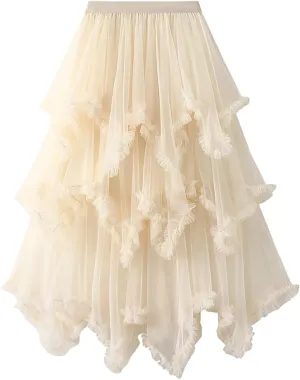 Women's Tulle Mesh Tiered Layered Midi Skirts Irregular Tutu Bubble Fairy Ruffle Long Skirt