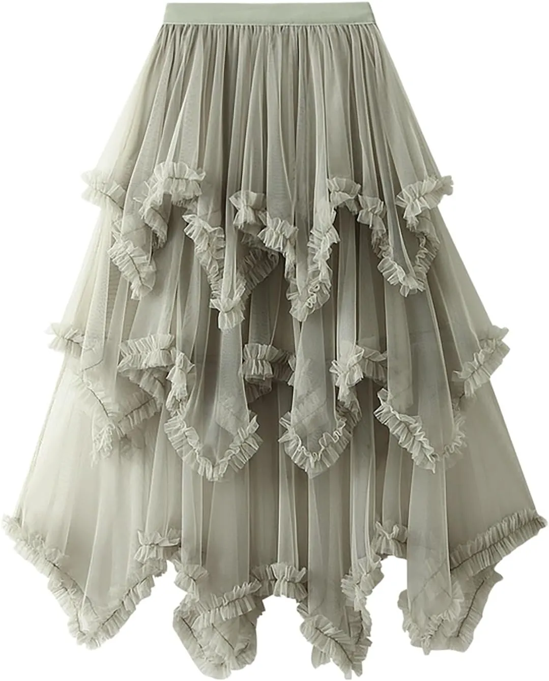 Women's Tulle Mesh Tiered Layered Midi Skirts Irregular Tutu Bubble Fairy Ruffle Long Skirt