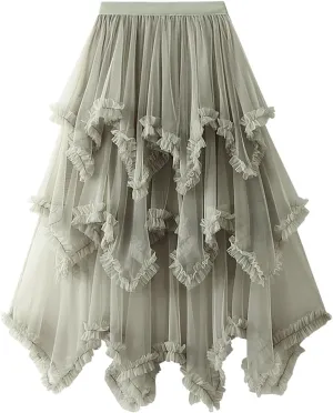 Women's Tulle Mesh Tiered Layered Midi Skirts Irregular Tutu Bubble Fairy Ruffle Long Skirt