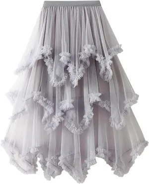Women's Tulle Mesh Tiered Layered Midi Skirts Irregular Tutu Bubble Fairy Ruffle Long Skirt