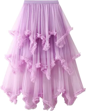 Women's Tulle Mesh Tiered Layered Midi Skirts Irregular Tutu Bubble Fairy Ruffle Long Skirt