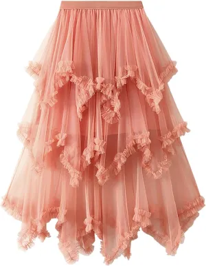 Women's Tulle Mesh Tiered Layered Midi Skirts Irregular Tutu Bubble Fairy Ruffle Long Skirt