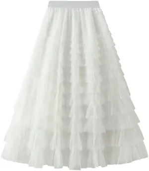 Women's Tulle Tiered Layered Maxi Skirt High Waist Tulle Ruffle Puffy Big Swing Long Skirt