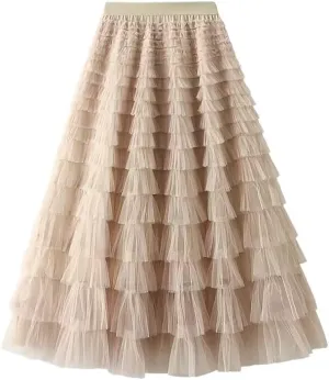 Women's Tulle Tiered Layered Maxi Skirt High Waist Tulle Ruffle Puffy Big Swing Long Skirt