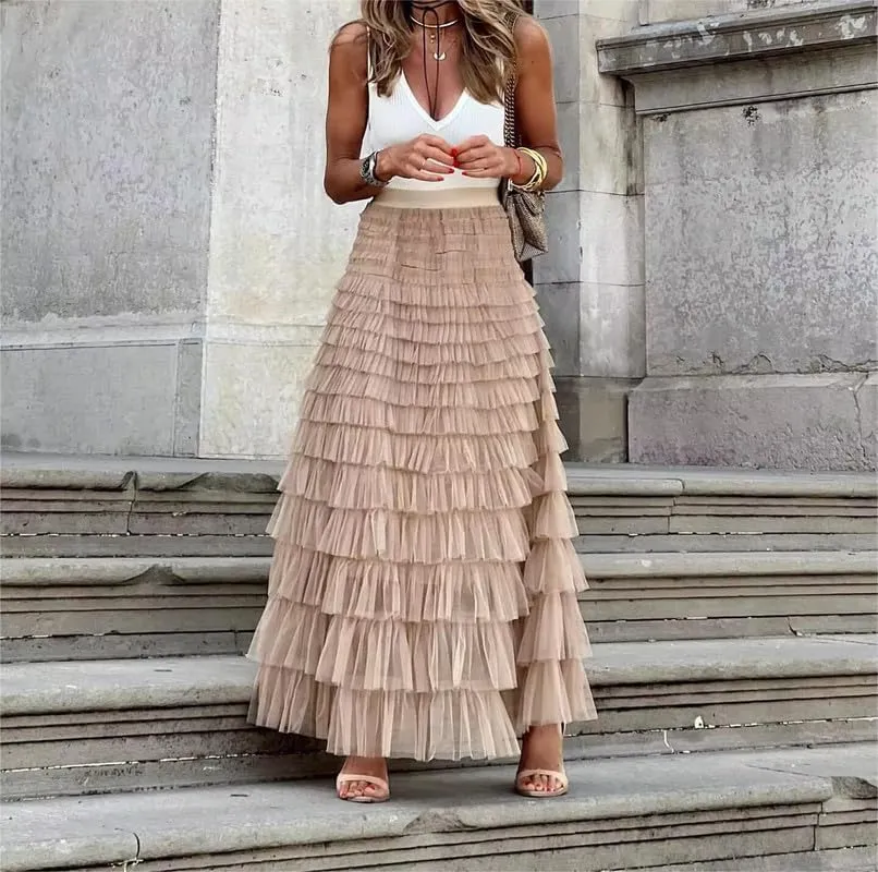 Women's Tulle Tiered Layered Maxi Skirt High Waist Tulle Ruffle Puffy Big Swing Long Skirt