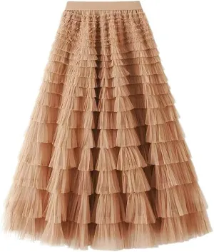 Women's Tulle Tiered Layered Maxi Skirt High Waist Tulle Ruffle Puffy Big Swing Long Skirt