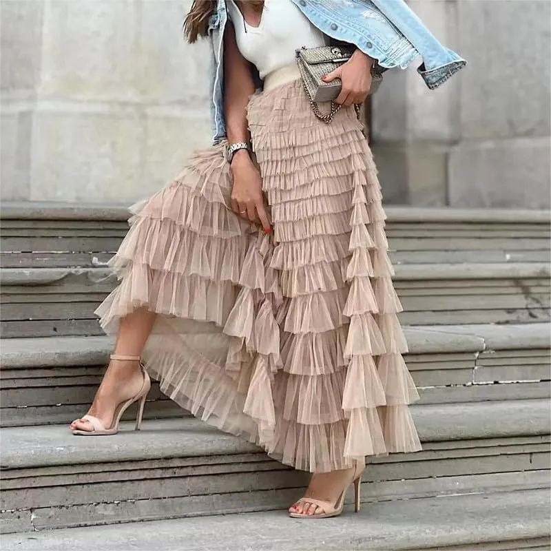 Women's Tulle Tiered Layered Maxi Skirt High Waist Tulle Ruffle Puffy Big Swing Long Skirt