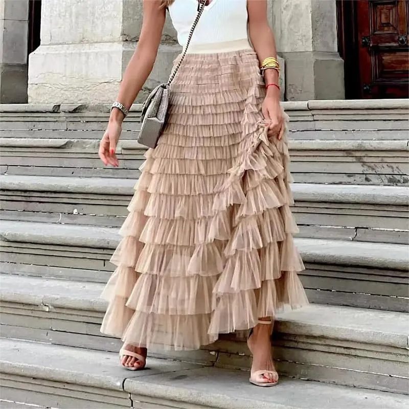 Women's Tulle Tiered Layered Maxi Skirt High Waist Tulle Ruffle Puffy Big Swing Long Skirt