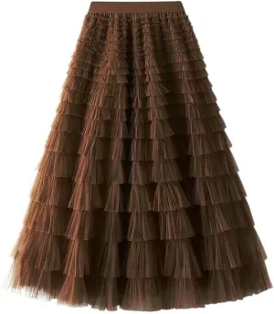 Women's Tulle Tiered Layered Maxi Skirt High Waist Tulle Ruffle Puffy Big Swing Long Skirt