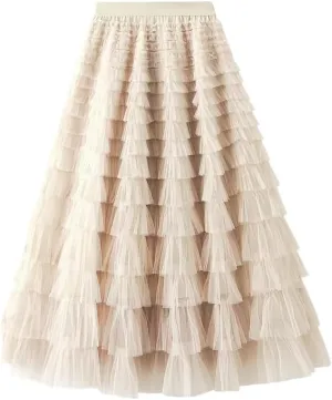 Women's Tulle Tiered Layered Maxi Skirt High Waist Tulle Ruffle Puffy Big Swing Long Skirt