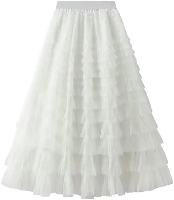 Women's Tulle Tiered Layered Maxi Skirt High Waist Tulle Ruffle Puffy Big Swing Long Skirt