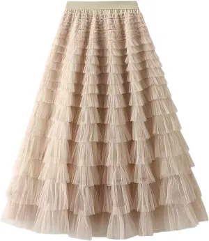 Women's Tulle Tiered Layered Maxi Skirt High Waist Tulle Ruffle Puffy Big Swing Long Skirt