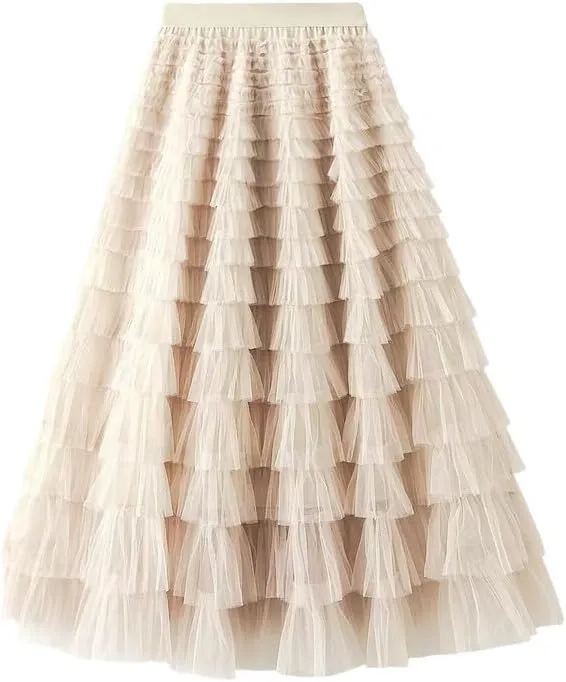 Women's Tulle Tiered Layered Maxi Skirt High Waist Tulle Ruffle Puffy Big Swing Long Skirt